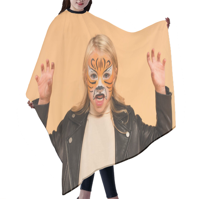 Personality  Angry Girl With Tiger Face Painting Growling And Showing Scary Gesture Isolated On Beige Hair Cutting Cape