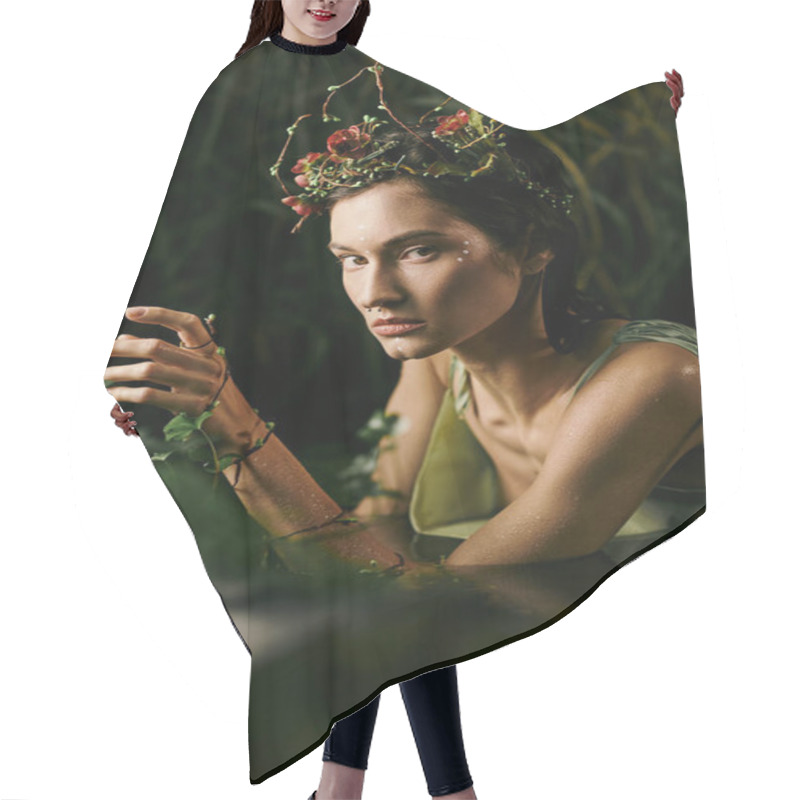 Personality  A Woman With A Floral Crown Poses In A Swamp Setting, Looking Directly At The Camera. Hair Cutting Cape