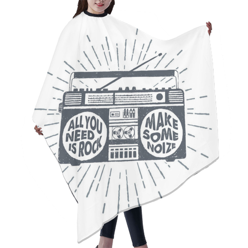 Personality  Hand Drawn 90s Themed Badge With Boombox Player Vector Illustration. Hair Cutting Cape