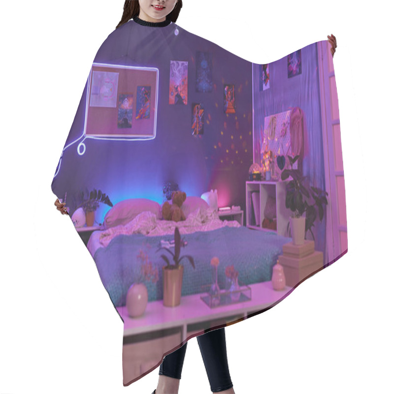 Personality  Background Image Of Girls Room Interior With Pink And Purple Neon Lights Over Comfortable Bed And Fluorescent Art Copy Space Hair Cutting Cape