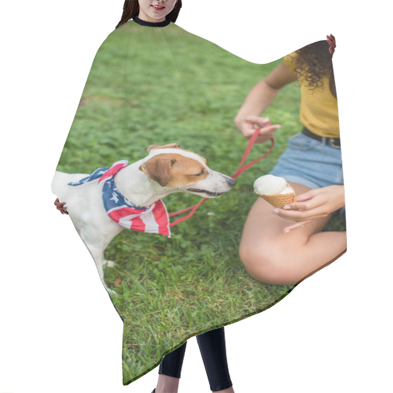 Personality  Cropped View Of Young Woman Keeping Dog On Leash And Holding Ice Cream Hair Cutting Cape