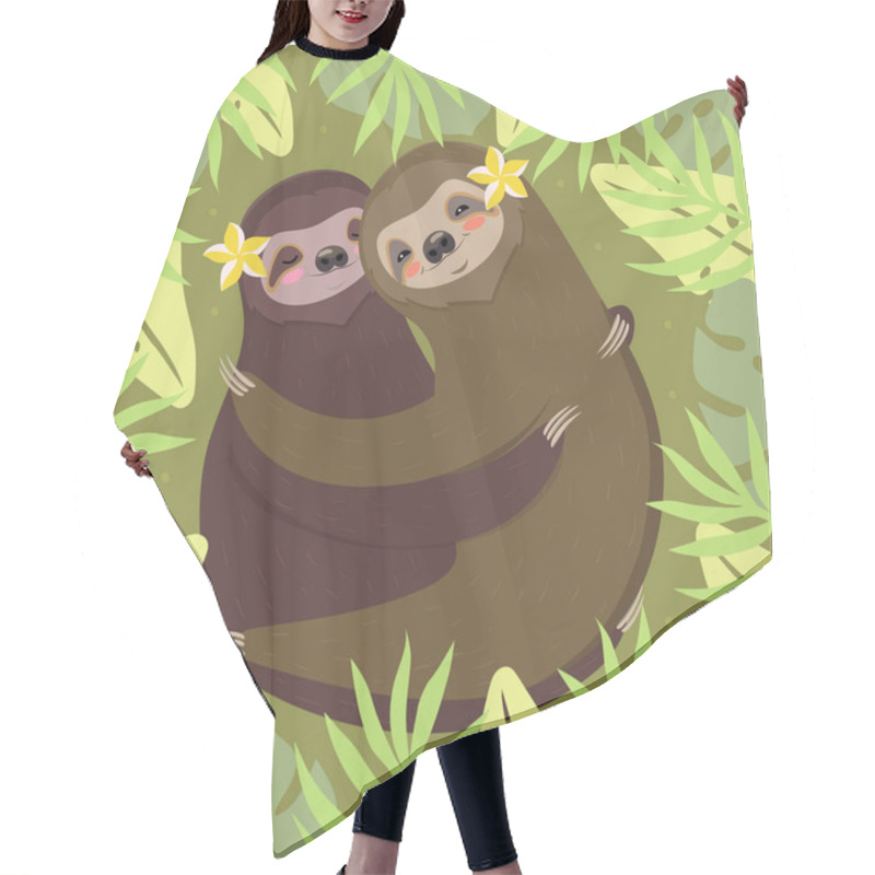 Personality  A Couple Of Sloths Hugging. Green Card With Palm Leaves And Sloths. Vector Image. Hair Cutting Cape