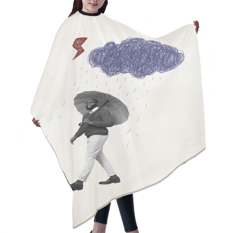 Personality  Vertical Photo Collage Of Happy American Man Walk Umbrella Autumn Fall Cyclone Rainstorm Season Drop Cloud Isolated On Painted Background. Hair Cutting Cape