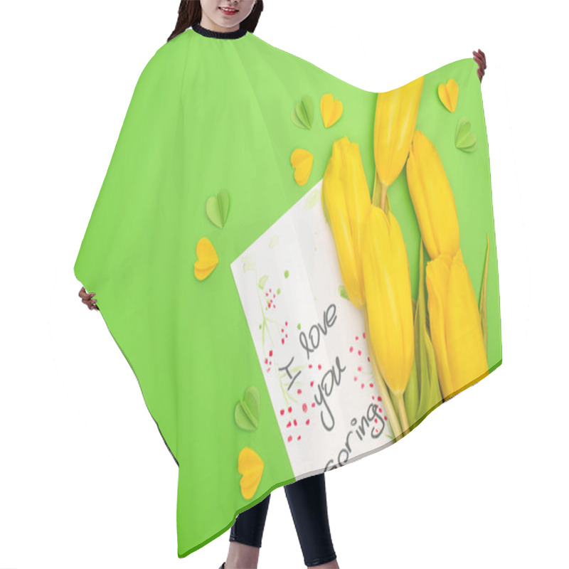 Personality  Top View Of Yellow Tulips, Card With I Love You Spring Lettering And Decorative Hearts On Green Background Hair Cutting Cape