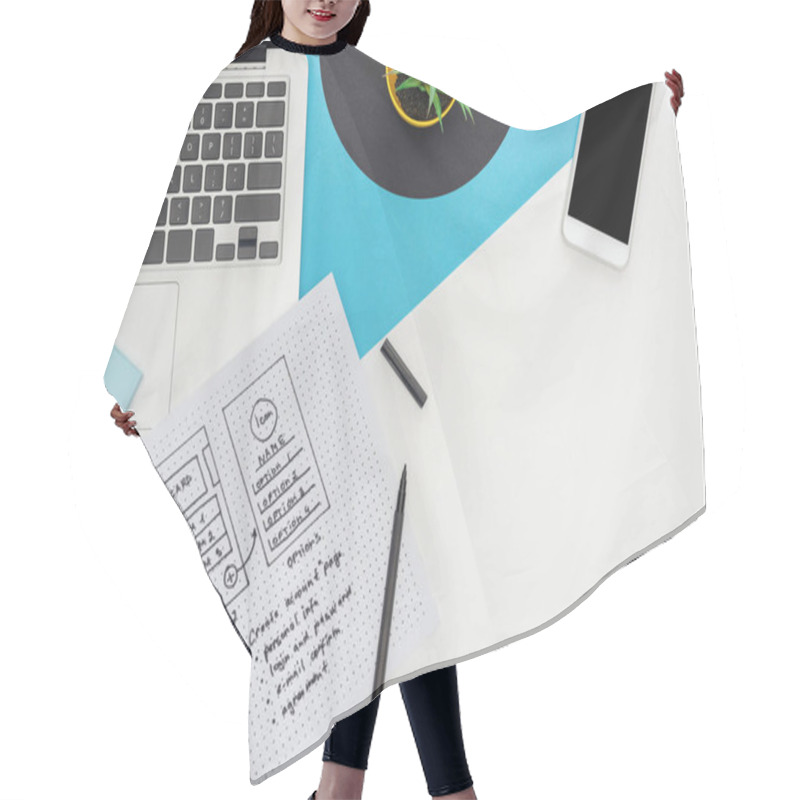 Personality  Top View Of Website Design Template And Felt-tip Pen Near Laptop, Smartphone, Plant On Abstract Geometric Background Hair Cutting Cape