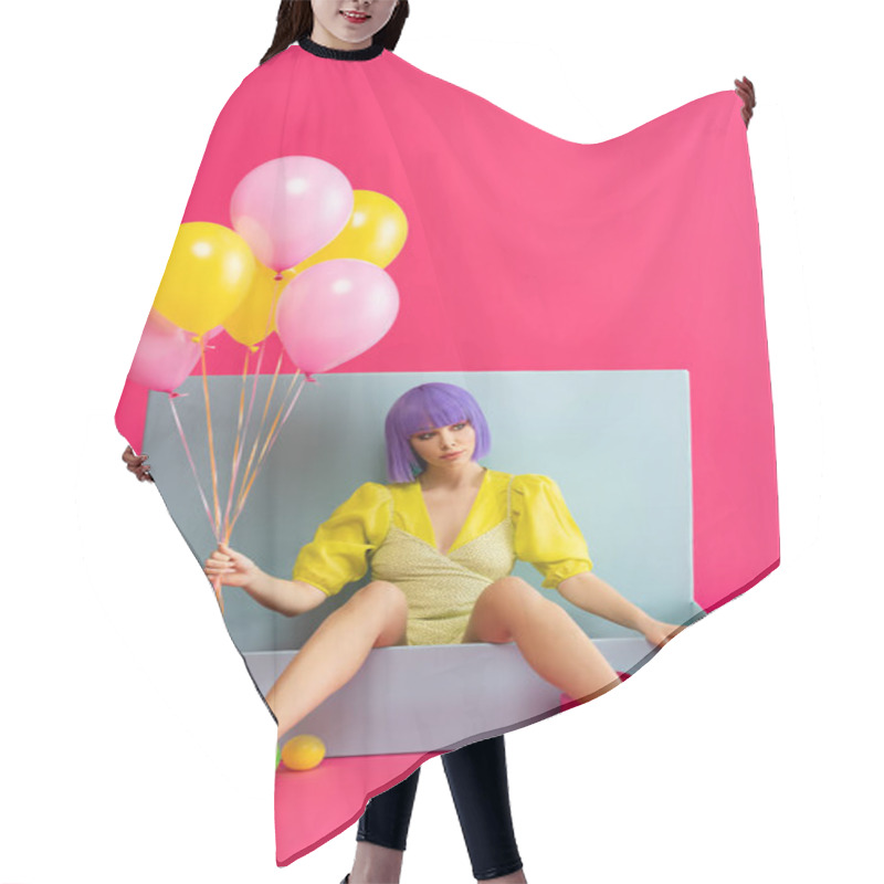 Personality  Beautiful Girl In Purple Wig As Doll Holding Balloons And Sitting In Blue Box With Balls And Shopping Bags, On Pink Hair Cutting Cape