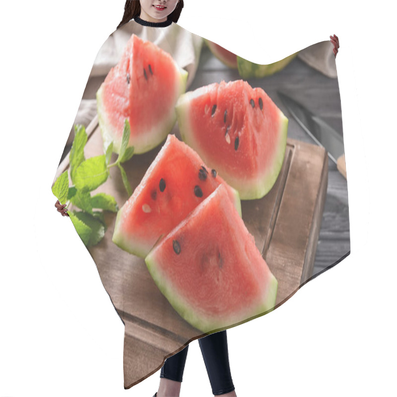 Personality  Wooden Board With Sweet Watermelon Slices On Table, Closeup Hair Cutting Cape