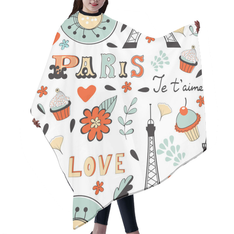 Personality  Paris Seamless Pattern. Eiffel Tower, Wine Glass, Baguette And Other Symbols In One Stylish Background. Hair Cutting Cape