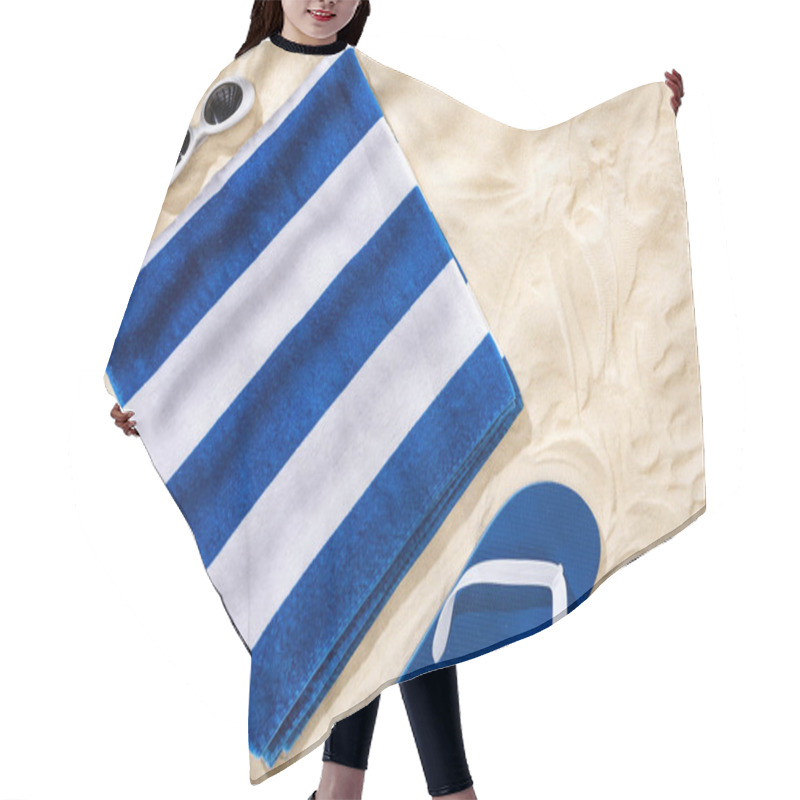 Personality  Top View Of White Blue Striped Folded Towel, Retro Sunglasses And Flip Flops On Sand  Hair Cutting Cape