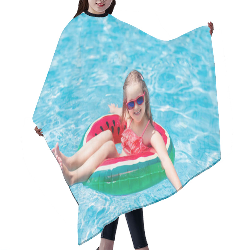 Personality  Child With Watermelon Inflatable Ring In Swimming Pool. Little Girl Learning To Swim In Outdoor Pool Of Tropical Resort. Kid Eye Wear. Water Toys And Floats For Kids. Healthy Sport For Children.  Hair Cutting Cape