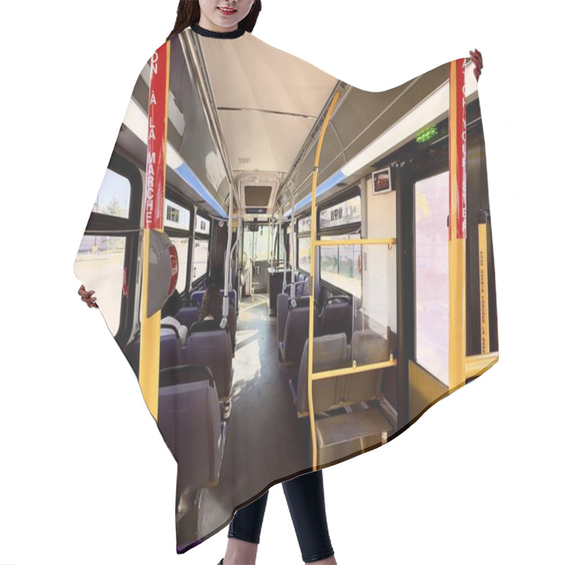 Personality  Interior Of An Empty City Bus With A Few Passengers Seated At The Back. High Quality Photo Hair Cutting Cape