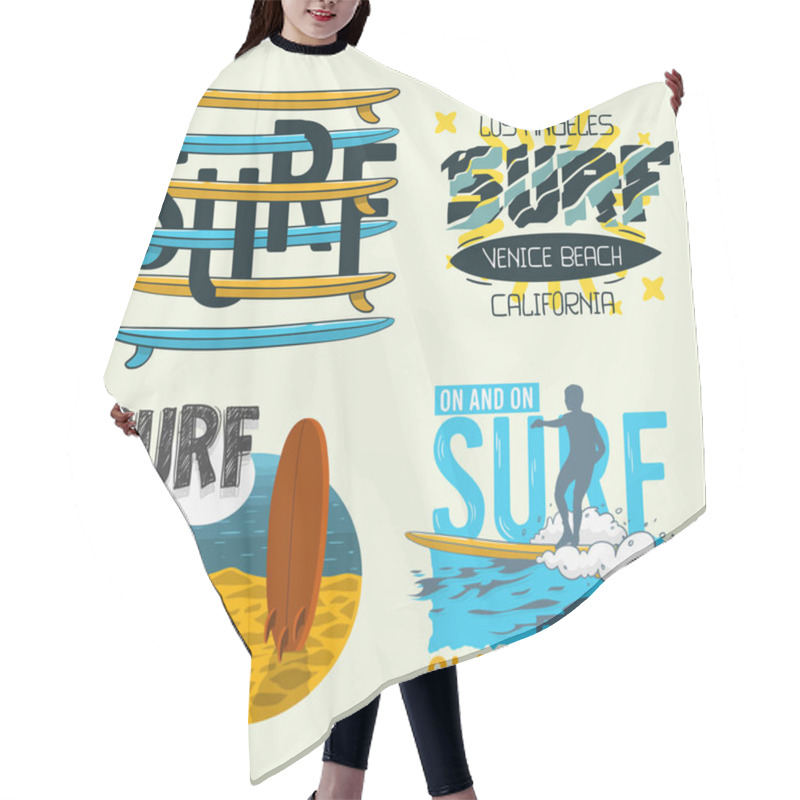 Personality  Surfing Style Surf Summer Time Beach Life Hand Lettering Vector Illustrations Set Designs. Hair Cutting Cape