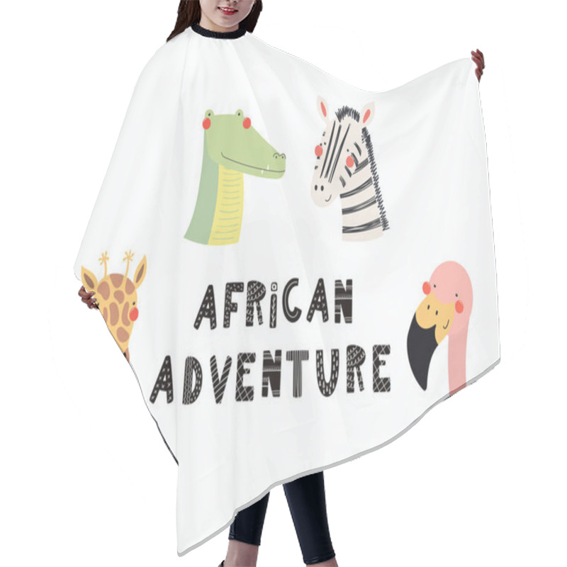 Personality  Set Of Funny Animals Faces With Words African Adventure Hair Cutting Cape