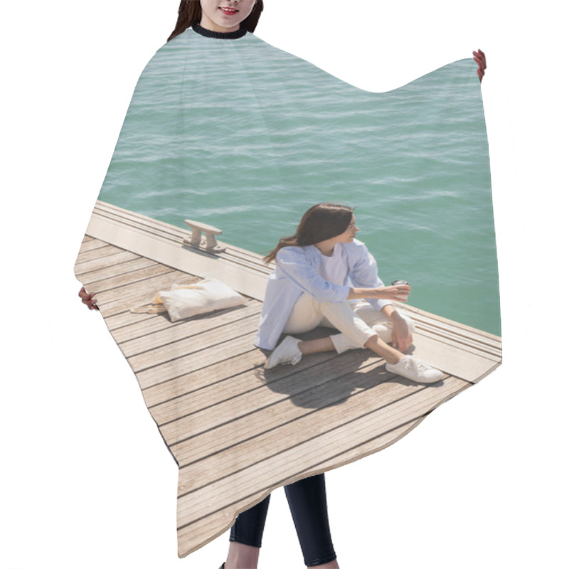 Personality  High Angle View Of Brunette Woman With Coffee To Go Sitting On Pier Near Canvas Bag Hair Cutting Cape