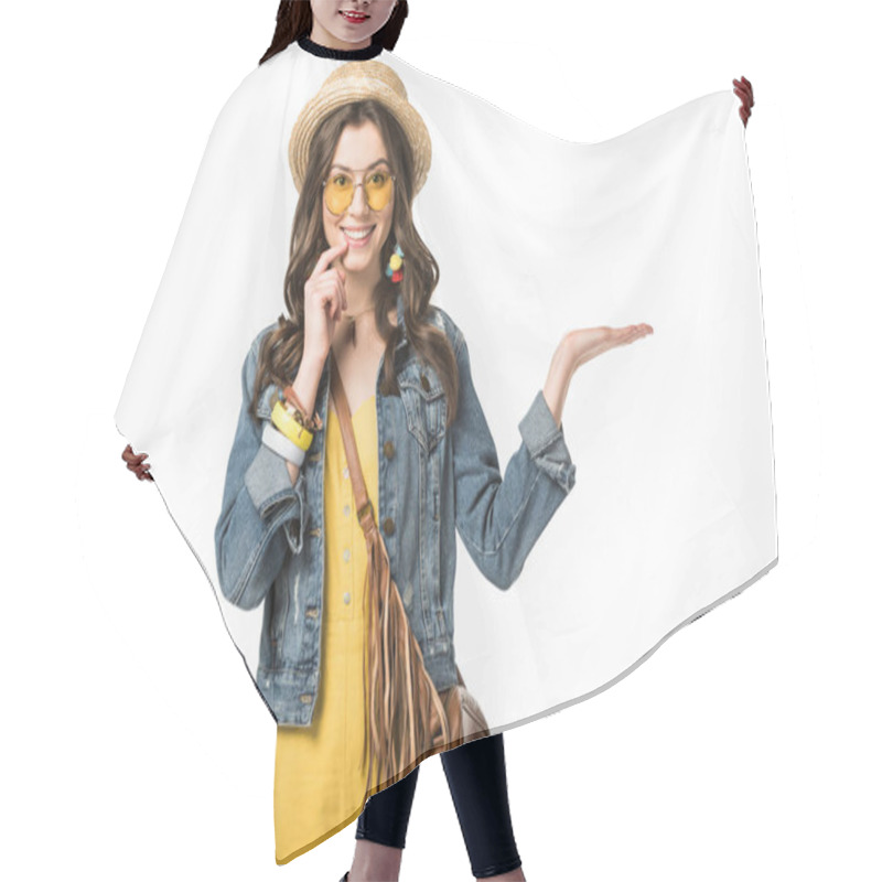 Personality  Front View Of Laughing Boho Girl In Boater Holding Hand Up Isolated On White Hair Cutting Cape