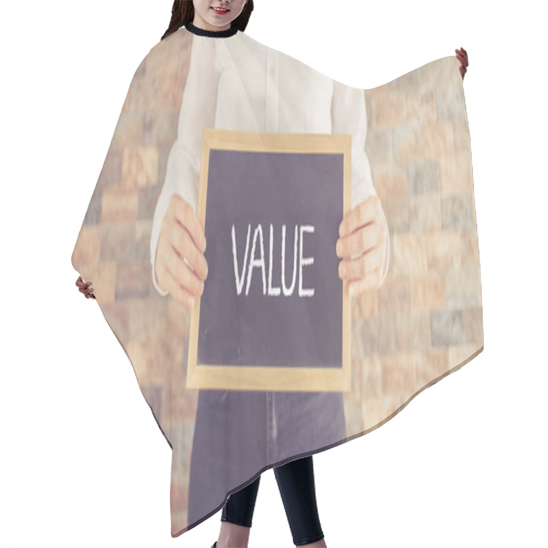 Personality  Woman Holding Board With Text  Hair Cutting Cape