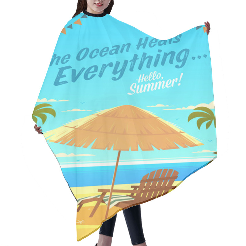 Personality  The Ocean Heals Everything. Summertime Quote. Summer Holidays Poster, Background With Deckchair, Sun Umbrella, Sandy Beach, Palms, Ocean And Sunset. Vector Illustration. Hair Cutting Cape