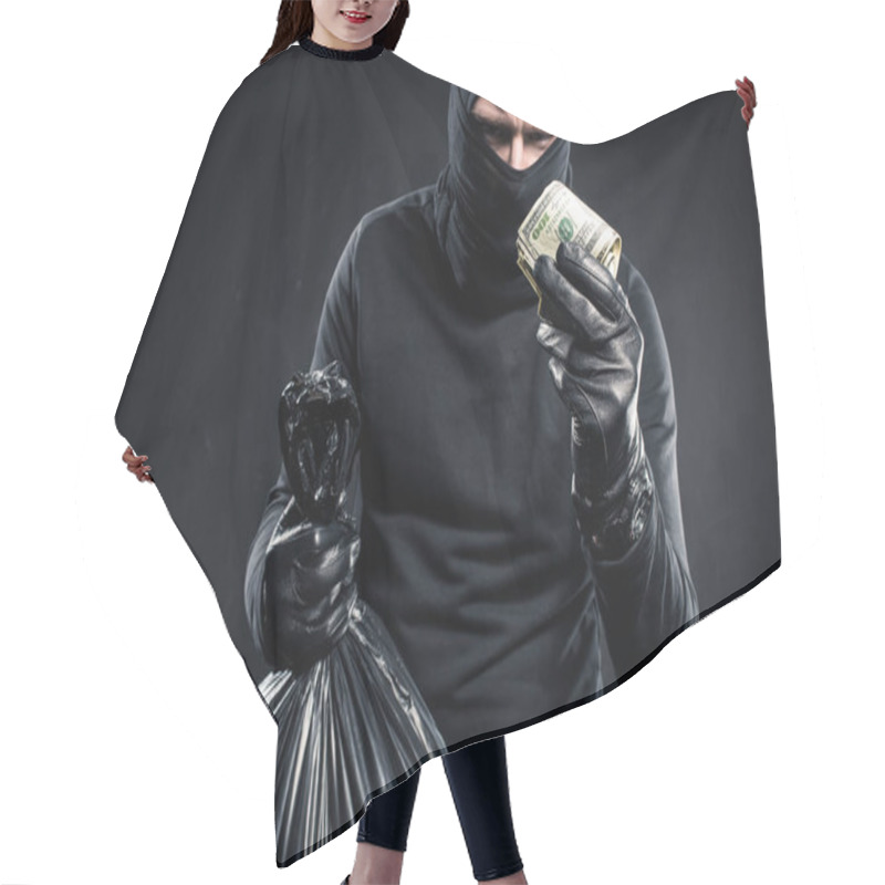 Personality  Man In Balaclava Holding Plastic Bag With Cash And Dollars Hair Cutting Cape