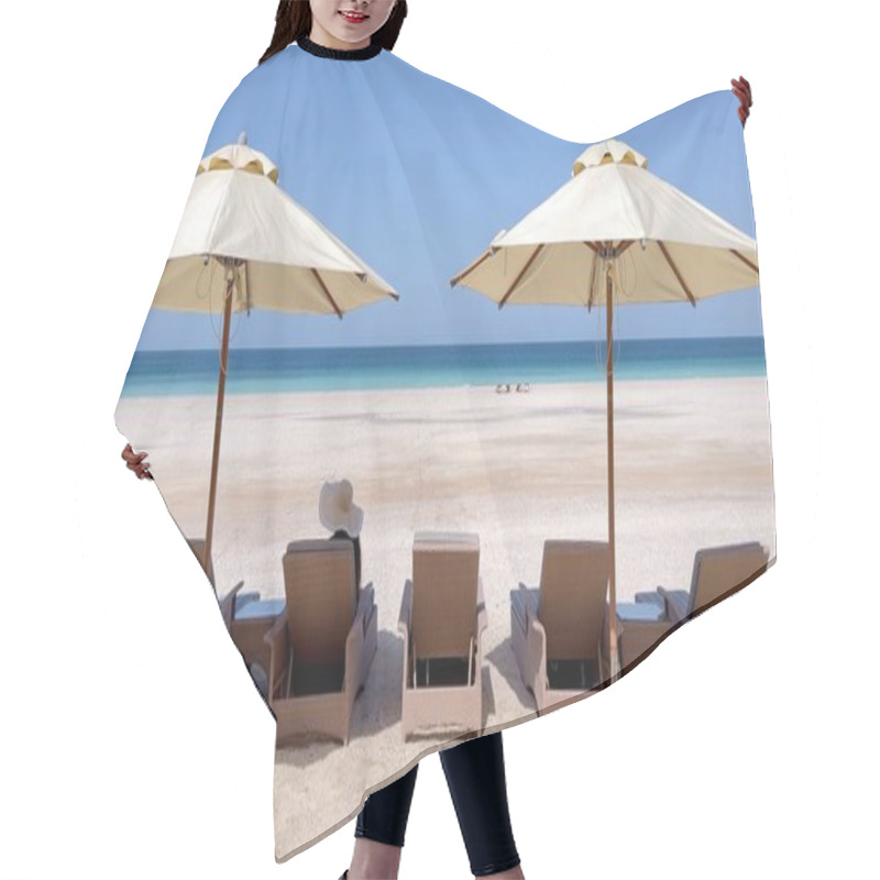 Personality  Woman Relaxing On Sun-kissed Eco Beach Under Beach Umbrellas, Surrounded By Glowing Water And Healthy Sea Ecosystem, This Sunny Beach Scene Offers Pollution-free Escape For Ultimate Beach Relaxation. Hair Cutting Cape