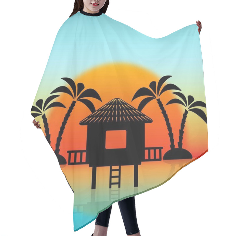 Personality  Silhouettes Of Bungalow And Palm Trees Against Rising Sun Hair Cutting Cape