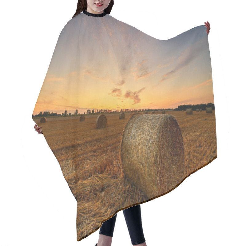 Personality  Beautiful Summer Sunset Over Fields With Hay Bales Hair Cutting Cape