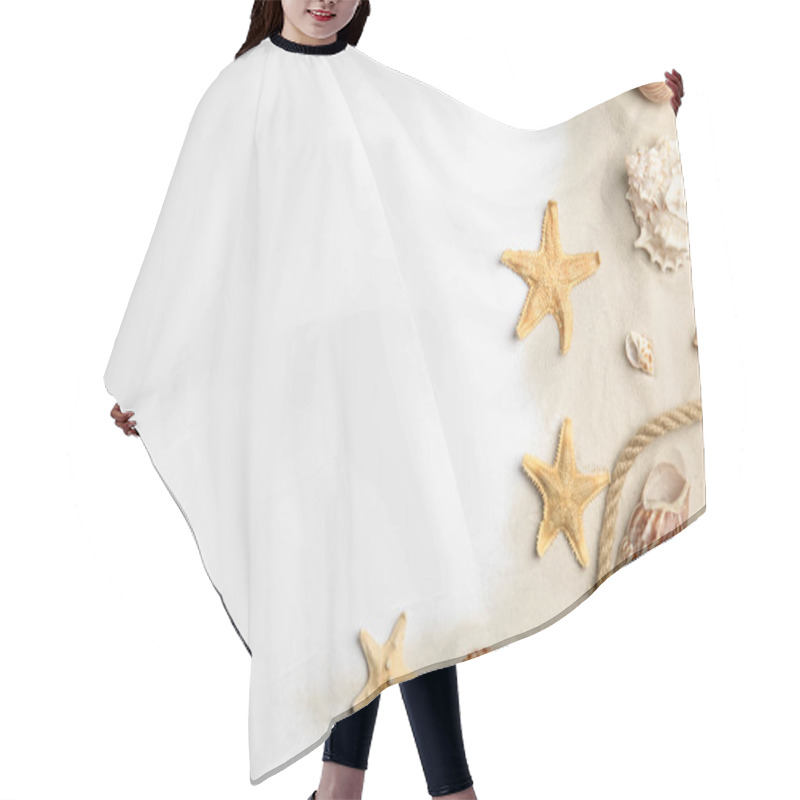 Personality  Beautiful Sea Stars, Shells, Rope And Sand On White Background, Flat Lay. Space For Text Hair Cutting Cape