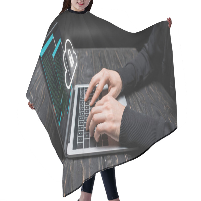 Personality  Cropped View Of Hacker Using Laptop With Cloud And Padlock On Black  Hair Cutting Cape