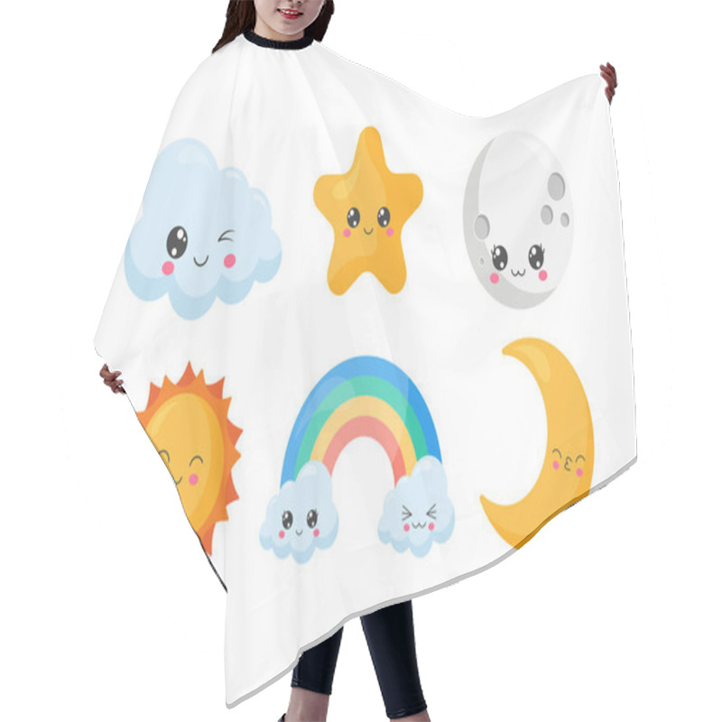 Personality  Set Of Cute Kawaii Sky Objects. The Set Contains Six Cute Objects Such As Cloud, Rainbow, Star, Moon, And Sun. Cute Little Illustration For Kids, Baby Book, Fairy Tales, Covers, Baby Shower Invitation Hair Cutting Cape