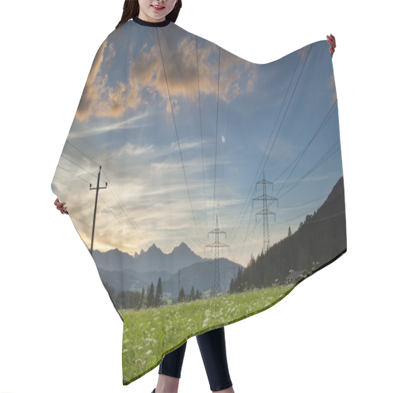 Personality  Power Lines And Electric Pylons Crossing A Lush Mountain Meadow As The Sun Sets On Glowing Clouds Hair Cutting Cape