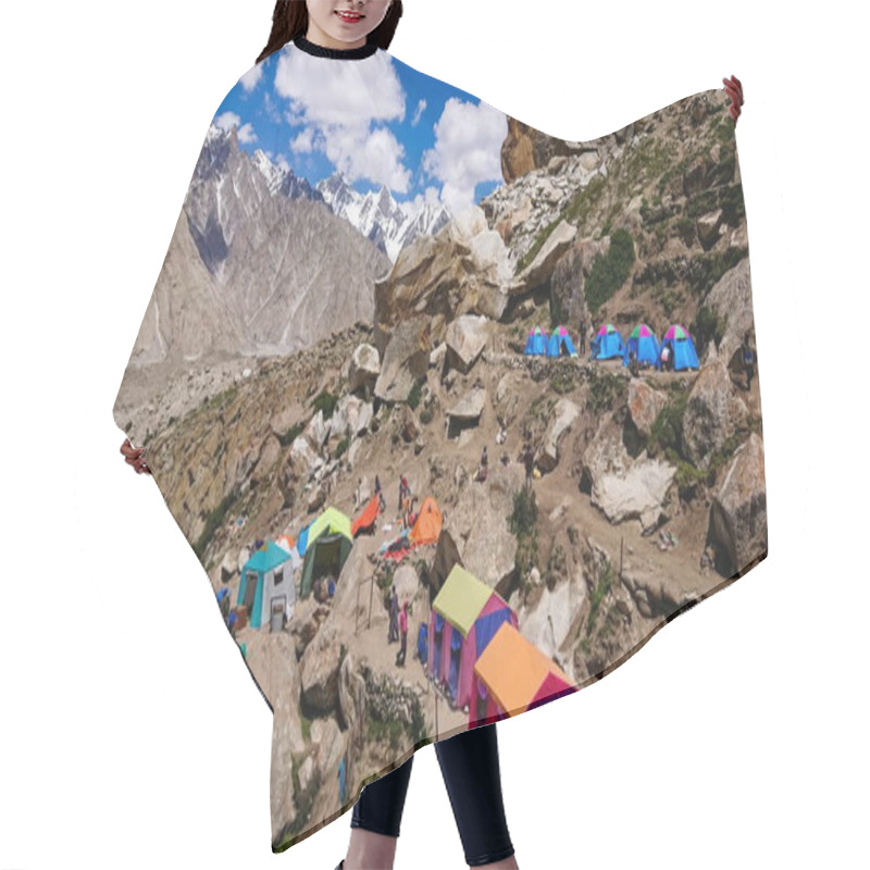 Personality  Pakistan, Urdukas Camp, Baltoro Glacier, Camp Above The Baltoro Glacier. Cathedral Peak In The Background Hair Cutting Cape