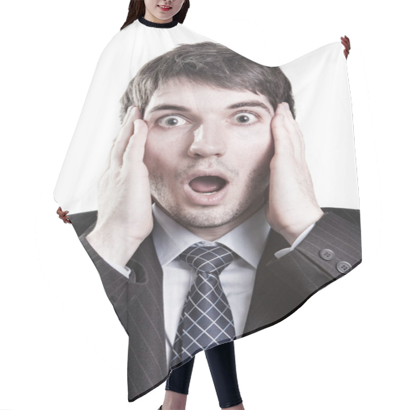 Personality  Business Man With Surprise Expression On Face Hair Cutting Cape