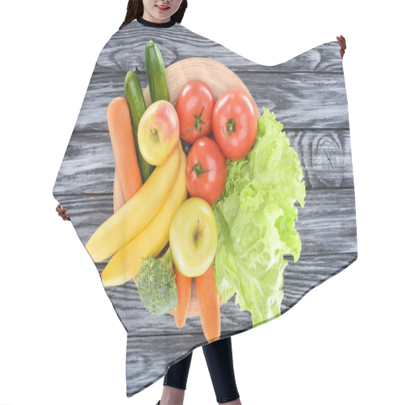 Personality  Top View Of Fresh Ripe Fruits And Vegetables On Plate On Wooden Table Hair Cutting Cape