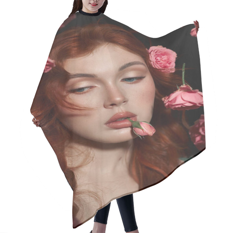 Personality  Red-haired Woman With Striking Blue Eyes Looks Away, Surrounded By Delicate Pink Roses Hair Cutting Cape