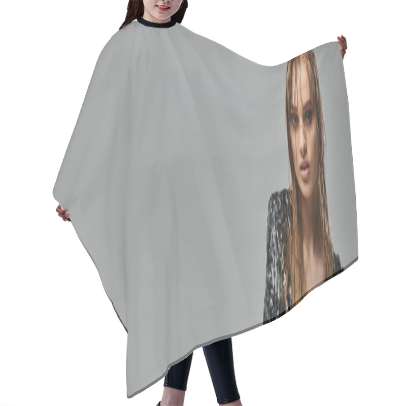 Personality  Long-haired Woman Demonstrates Hair Against Neutral Backdrop. Hair Cutting Cape