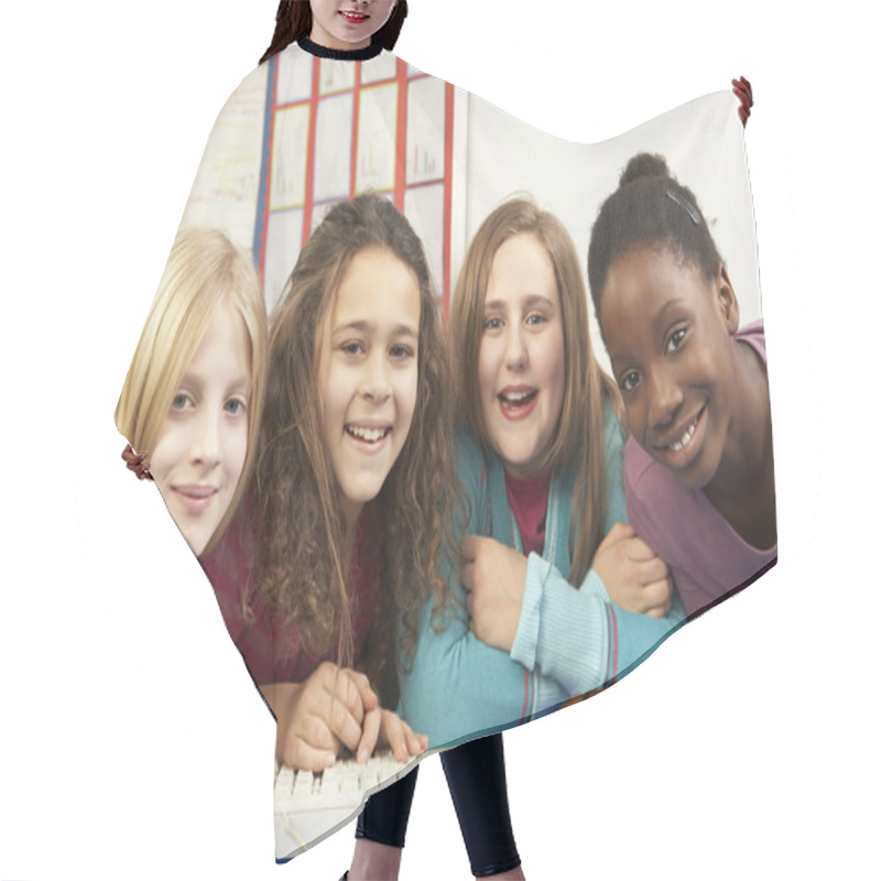 Personality  Group Of Schoolgirls In IT Class Using Computer Hair Cutting Cape