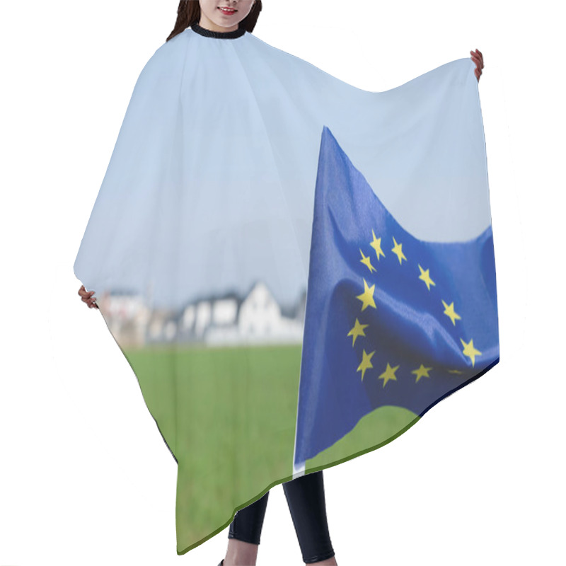 Personality  Flag Of The European Union. Wheat Field In Spring. Blurred Background Of A Wealthy Village. Copy Space. Hair Cutting Cape