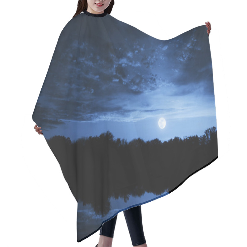 Personality  Dramatic Moonrise With Deep Blue Sky Lake Reflections And Clouds Hair Cutting Cape