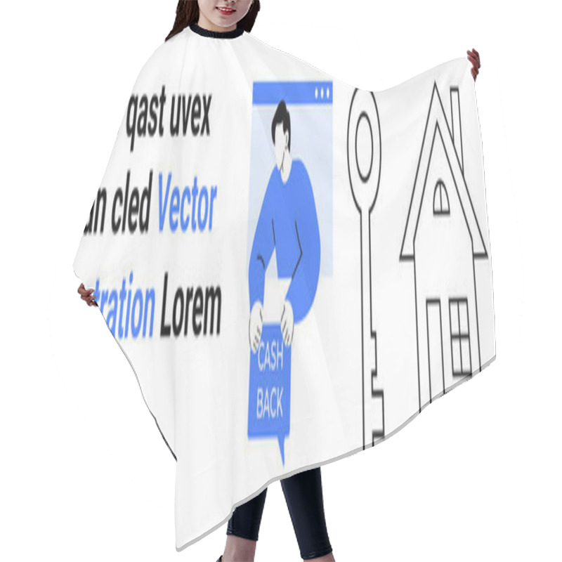 Personality  Person Holding Cash Back Sign, Key Icon, And House Drawing In Black And Blue Colors. Ideal For Financial Services, Real Estate, Savings Plans, Online Promotions, Loan Offers, Homeownership, Rewards Hair Cutting Cape