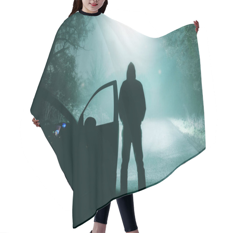 Personality  A Lone, Hooded Figure Standing Next To A Car Looking At A Light Beam Coming Down From A UFO On A Misty,country Road Silhouetted At Night By Car Headlights Hair Cutting Cape