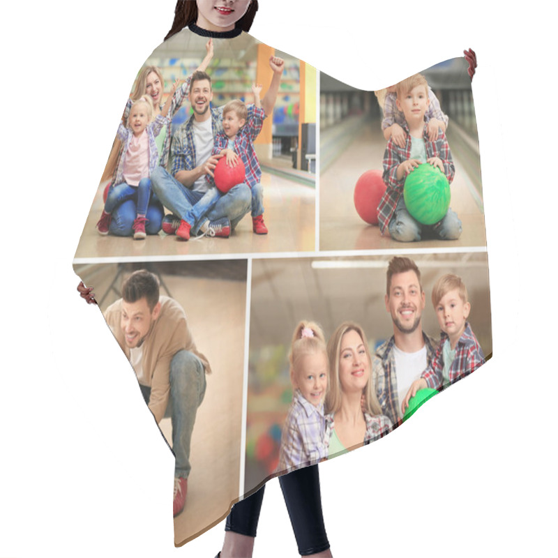 Personality  Collage Of Happy Family At Bowling Club Hair Cutting Cape