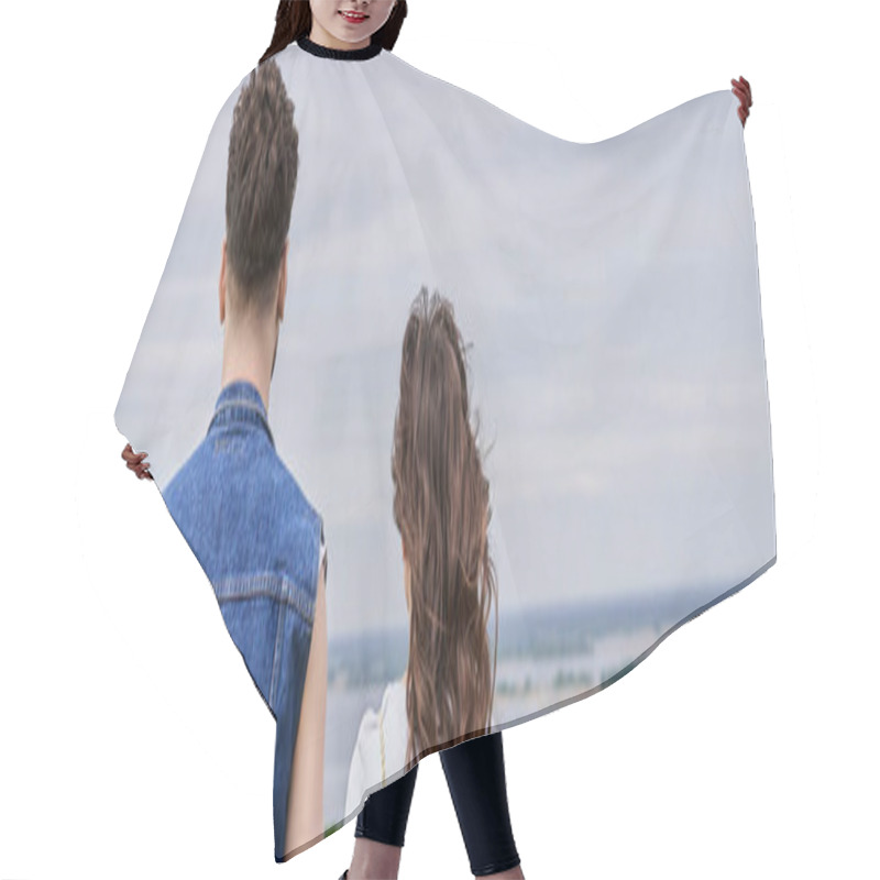 Personality  Back View Of Stylish Brunette Romantic Couple In Summer Outfits Standing With Blurred Cloudy Sky And Rural Landscape At Background, Countryside Retreat Concept, Banner Hair Cutting Cape