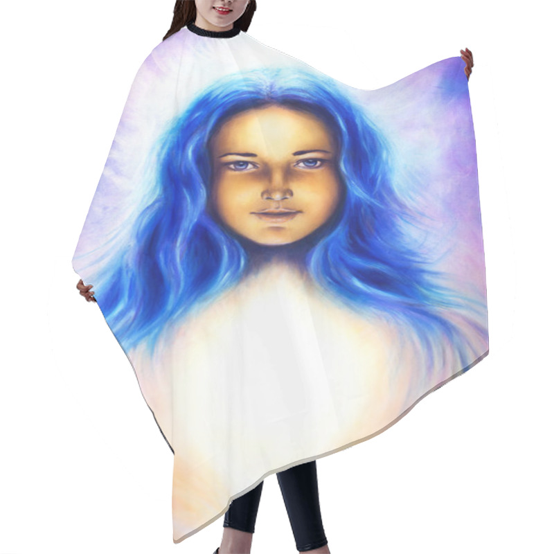 Personality  Woman Goddess With Long Blue Hair And White Light, Spiritual Blue Eye, Eye Contact. Hair Cutting Cape