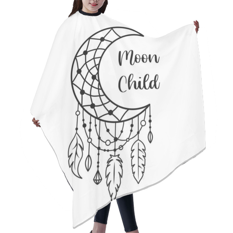 Personality  Boho Dream Catcher With Moon Child Slogan. Vector Illustration. Hair Cutting Cape