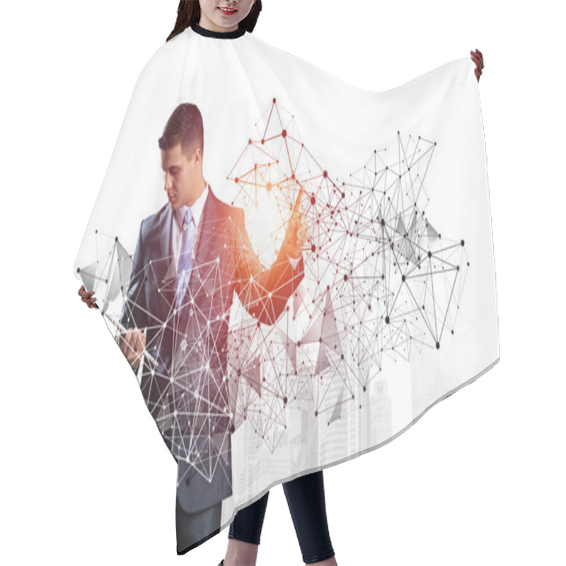 Personality  Businessman With Documents Pointing On Abstract Network Structure. Standing Personal Assistant In Business Suit And Tie On White Background. Global Cloud Technology And Internet Communication Hair Cutting Cape