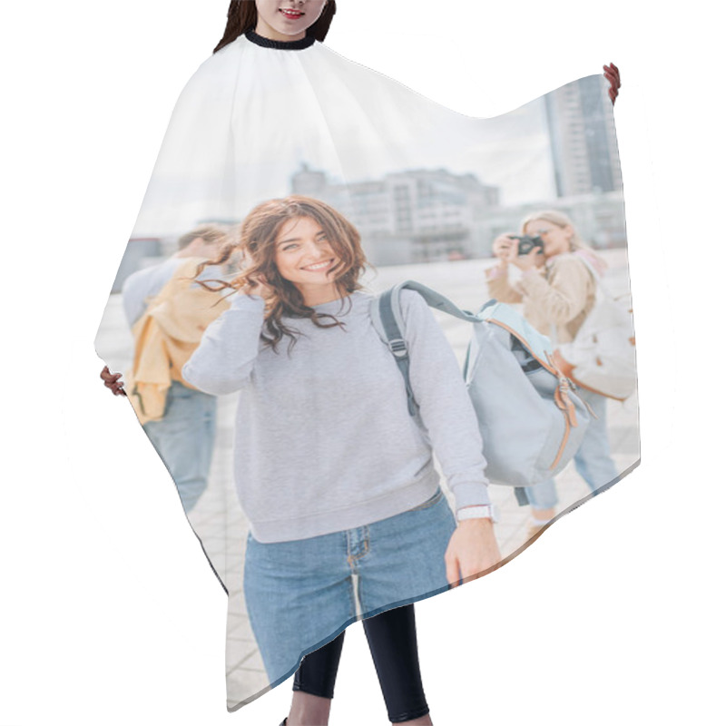 Personality  Cheerful Brunette Girl Walking With Friends In City Hair Cutting Cape