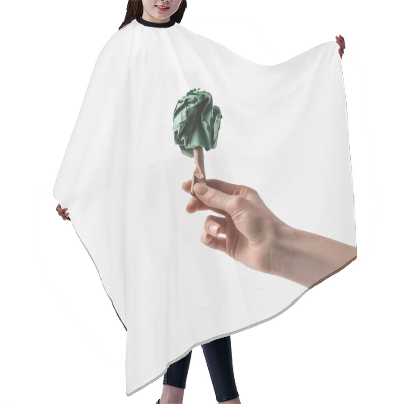 Personality  Cropped Shot Of Woman Holding Handmade Tree In Hand, Recycle Concept Hair Cutting Cape