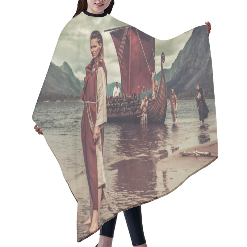 Personality  Viking Woman Standing Near Drakkar On Seashore Hair Cutting Cape