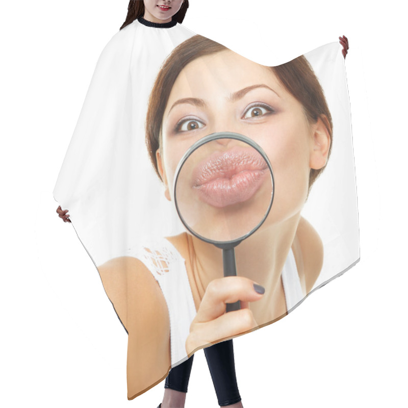 Personality  Woman Give Kiss Through A Magnifying Glass Hair Cutting Cape