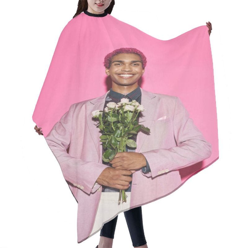 Personality  Cheerful Man With Curly Hair In Pink Blazer Posing With Rose Bouquet And Looking At Camera Hair Cutting Cape