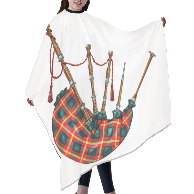 Personality  Bagpipe, Traditional Musical Wind Reed Instrument Of The Peoples Of Europe, Scotland, Realistic Drawing, Isolated Image On A White Background Hair Cutting Cape